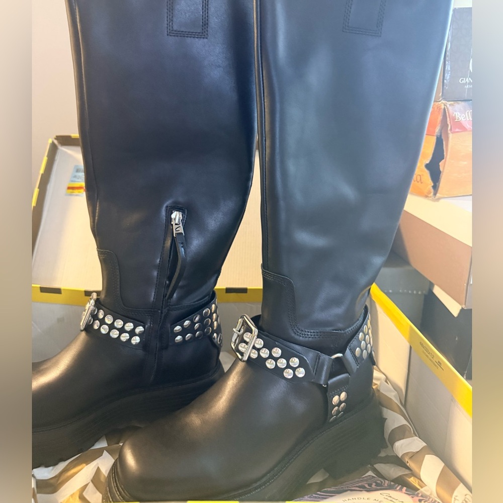 Circus NY by Sam Edelman Black Women's Hayes Metal-Trim Lug-Sole Moto Boots 6.5